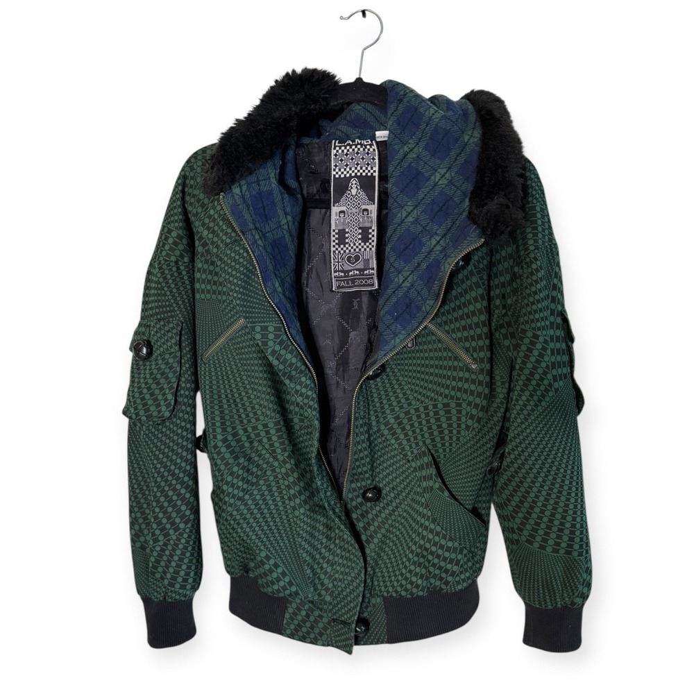 VTG L.A.M.B Gwen Stefani Fall 2008 Size Sm Green Bomber Coat Houndstooth - Picture 3 of 11